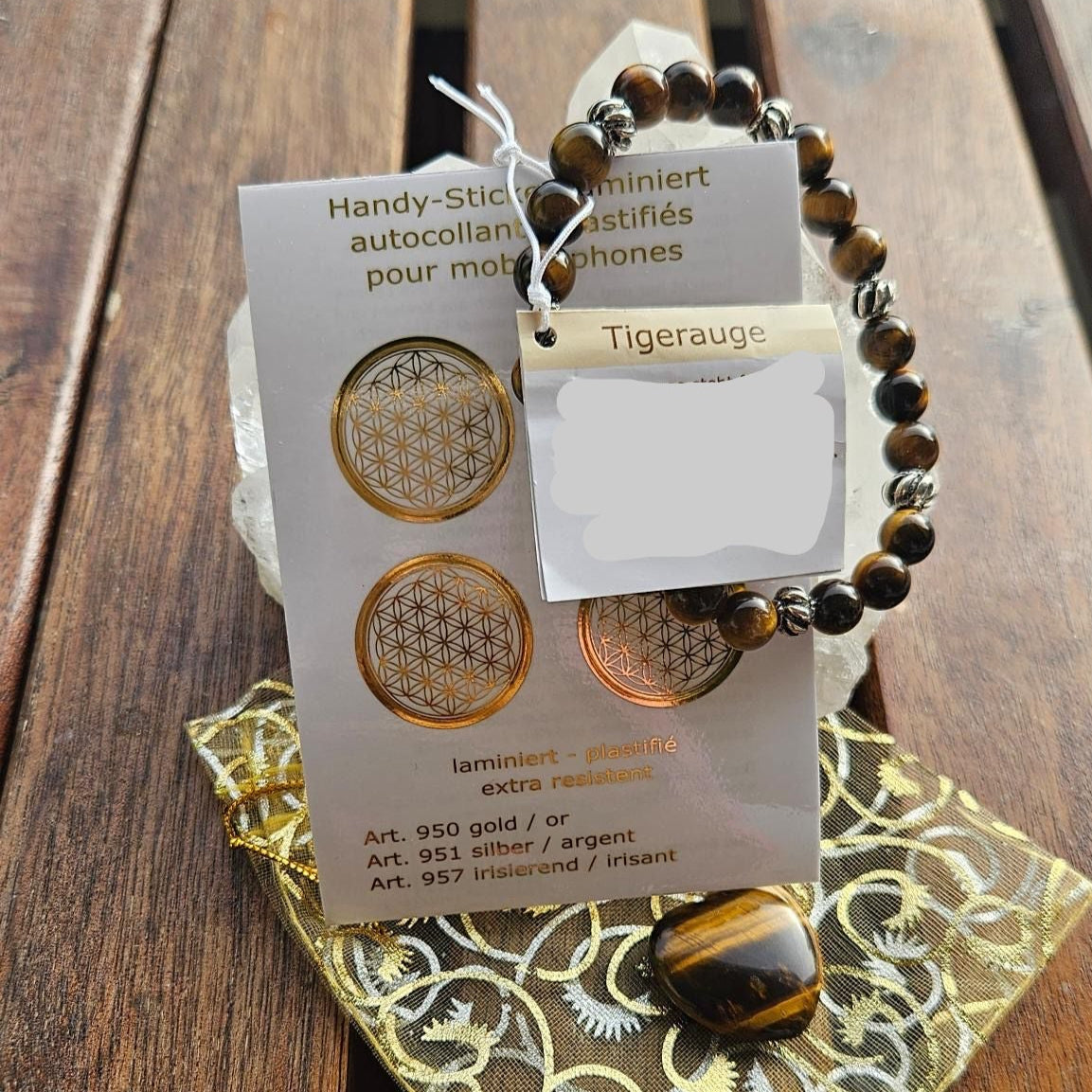 Geschenkset - Tigerauge Armband und Herzstein aus Tigerauge und Handy-Sticker Blume des Lebens