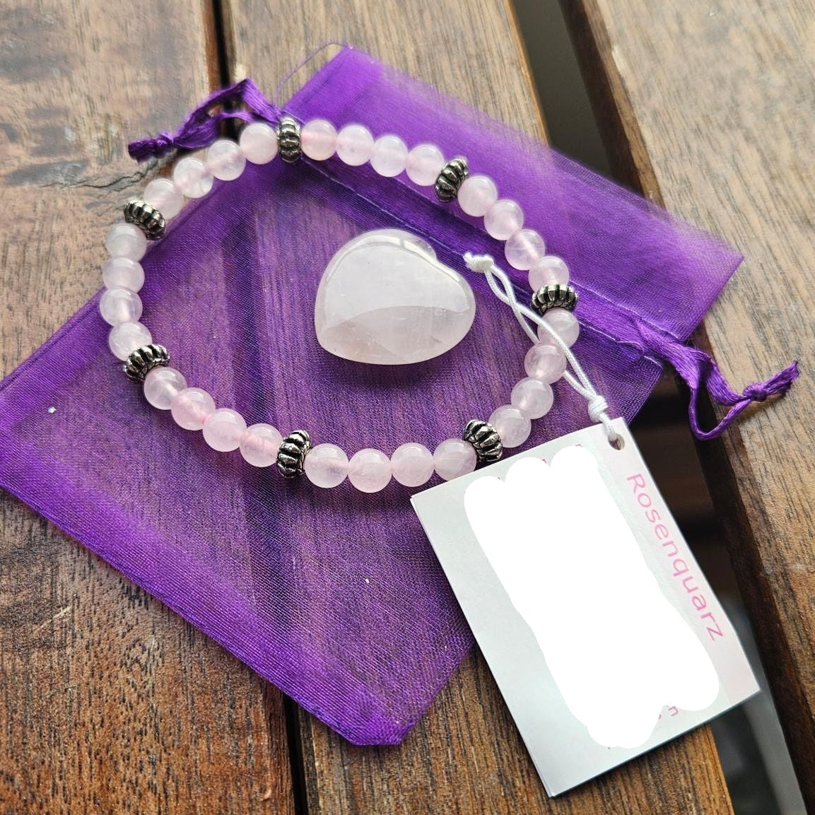 Geschenkset - Rosenquarz Armband und Herzstein aus Rosenquarz