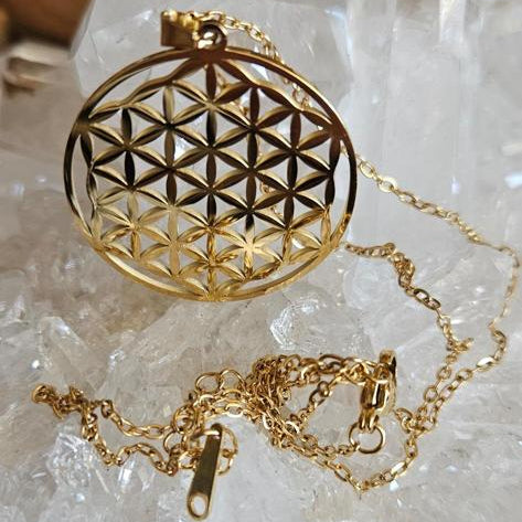 Edelstahl-Halskette mit Blume des Lebens Anhänger in Gold