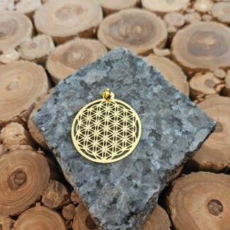 Goldener Edelstahl Lebensblume-Anhänger mit Transparenten Strasssteinen 39mm