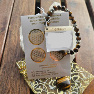 Geschenkset - Tigerauge Armband und Herzstein aus Tigerauge und Handy-Sticker Blume des Lebens