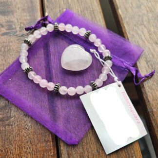Geschenkset - Rosenquarz Armband und Herzstein aus Rosenquarz