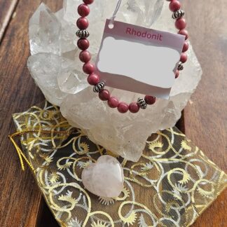 Geschenkset - Rhodonit Armband und Herzstein aus Rosenquarz