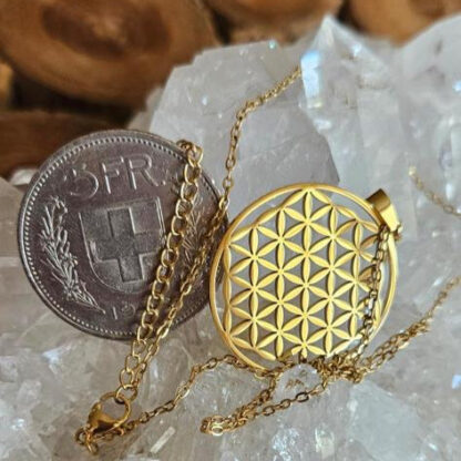 Edelstahl-Halskette mit Blume des Lebens Anhänger in Gold – Bild 3