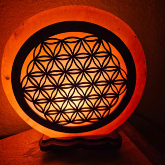 Salzkristalllampe mit einer Blume des Lebens aus Holz